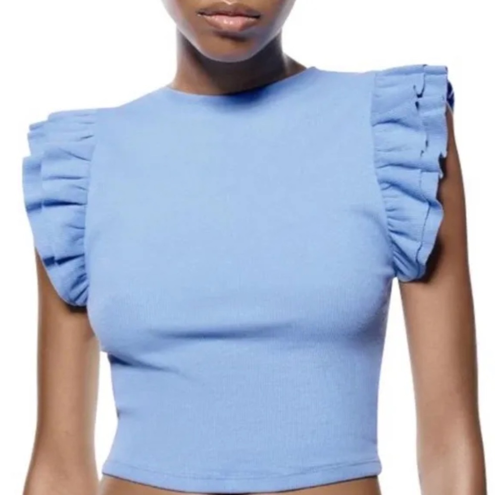 ZARA Blue Ruffle Sleeve Top - Picture 8 of 8
